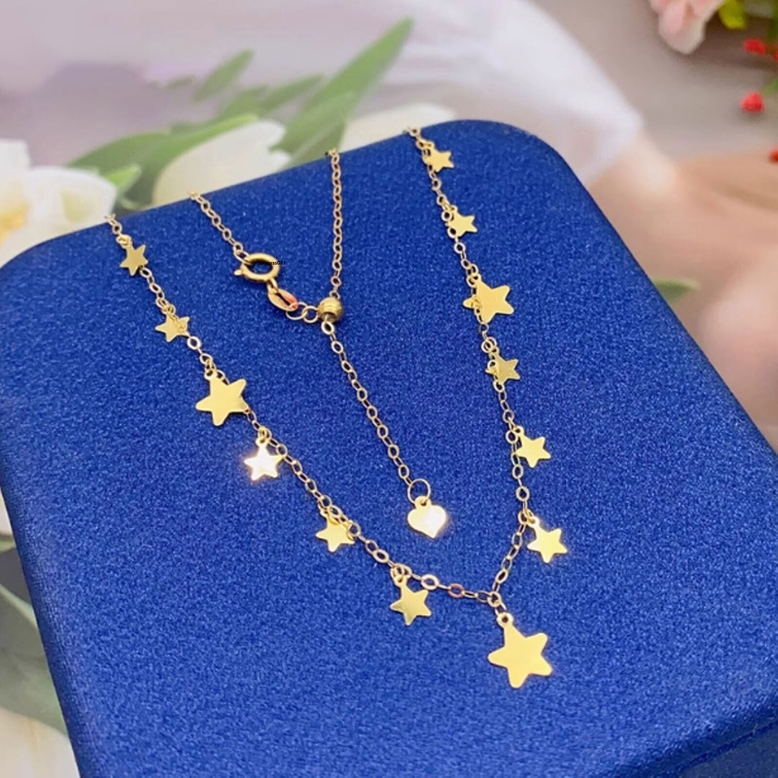 Pure 18K Yellow Gold Chain Women Star Tassel O Link Adjust Necklace 17.3inch