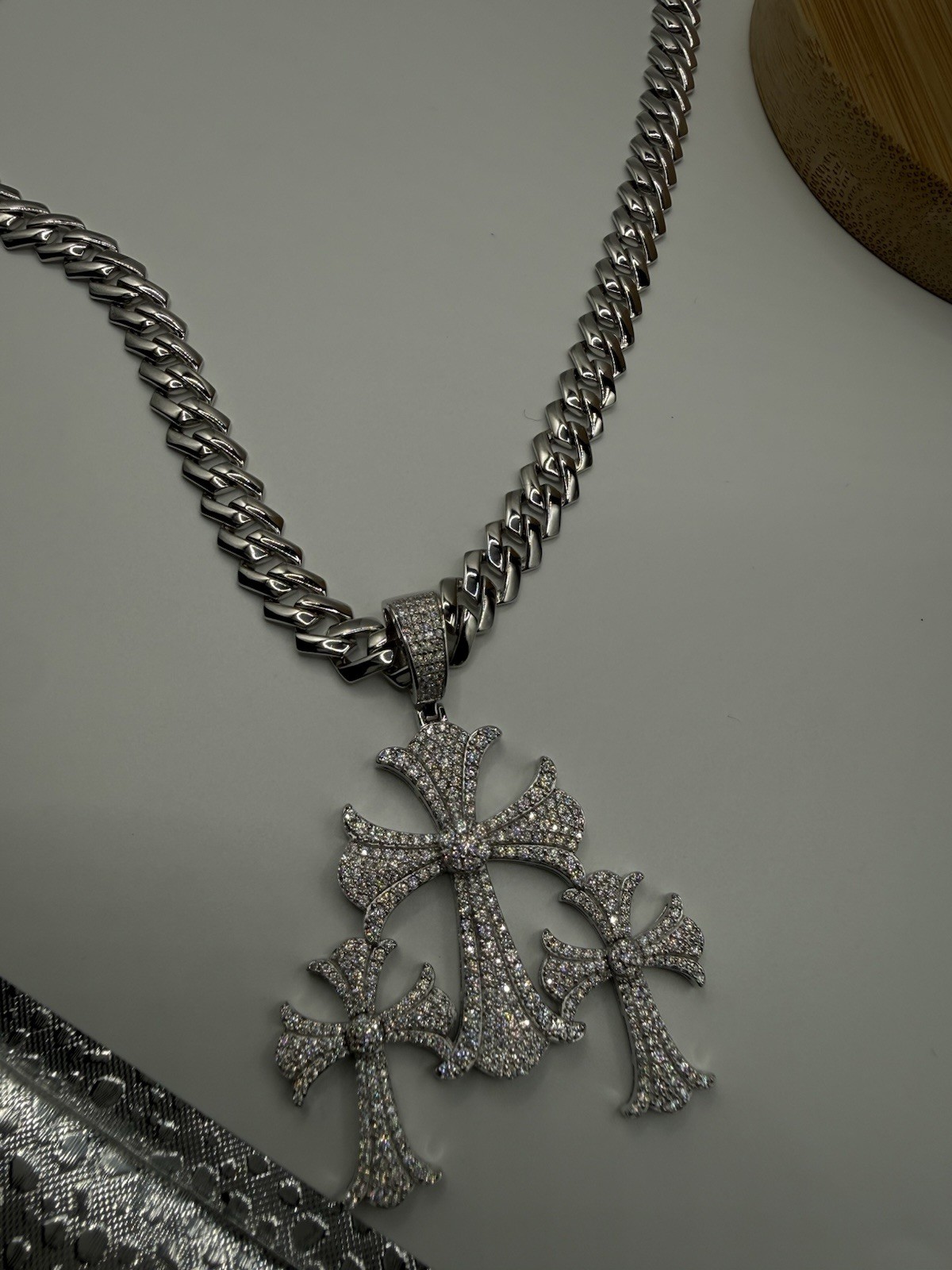 9mm 22 Rhodium Miami Cuban Heavy Chain Sterling Silver W Moissanite Pendant 22″