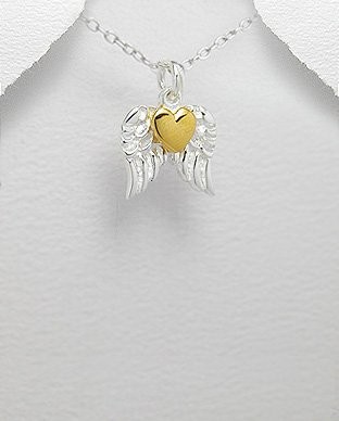 Jewelry Trends Sterling Silver Angel Wings Pendant with Gold-plated Heart on Cha
