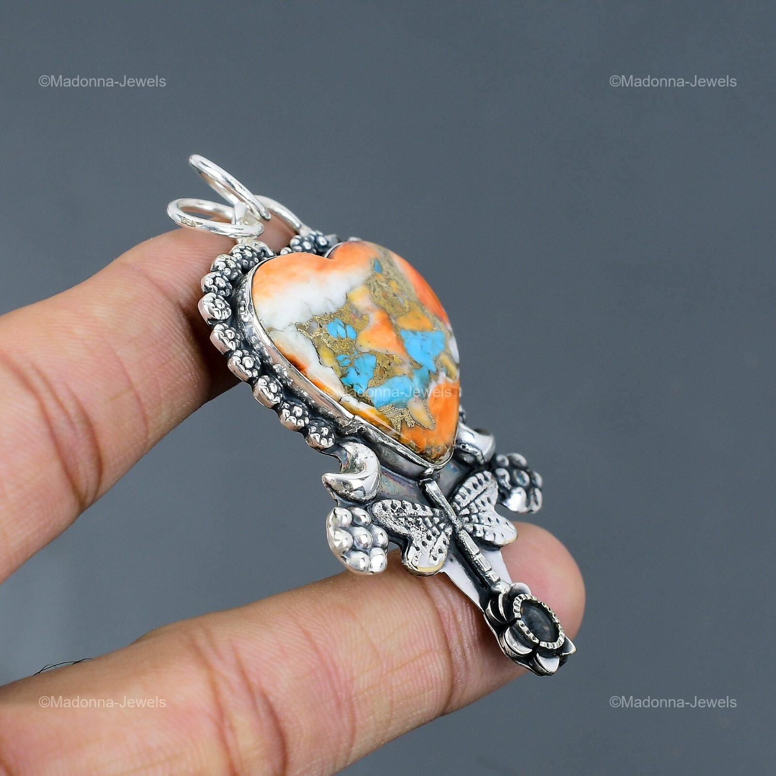 925 Sterling Silver Heart Natural Spiny Oyster Copper Turquoise Pendant Jewelry