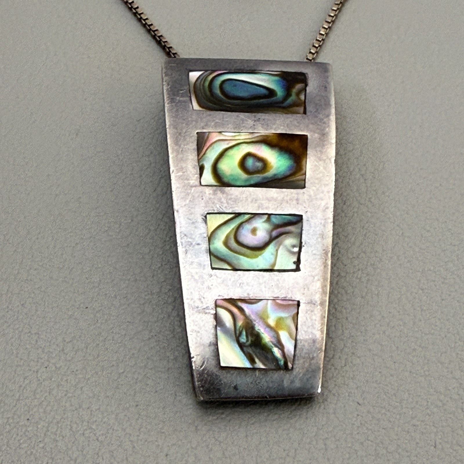 925 Sterling Silver Abalone Shell Pendant Necklace 16″ Box Chain Vintage Italy