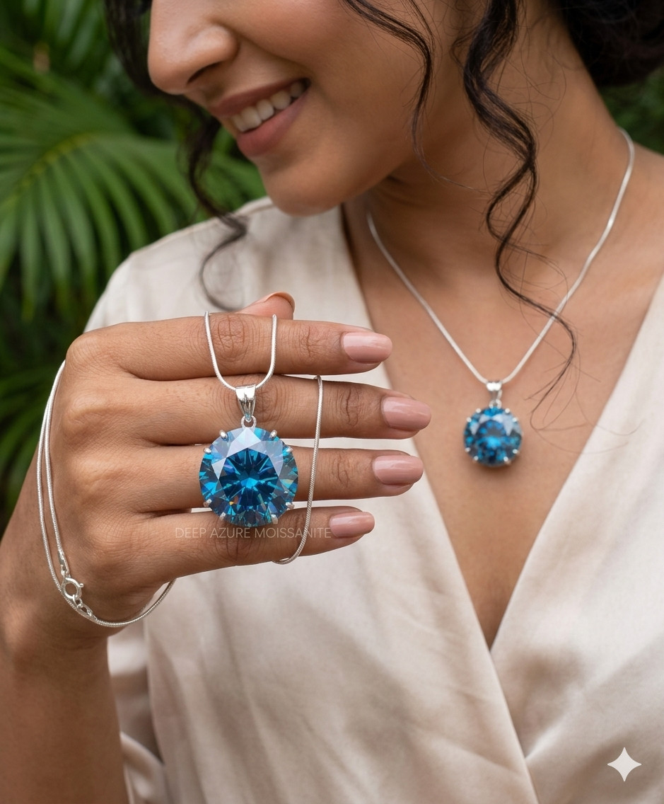 HUGE 38 Ct Certified Azure Blue Diamond Pendant Necklace-FREE Diamond Studs