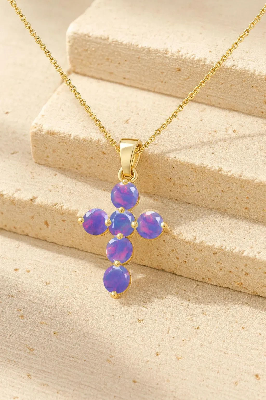 Natural Lavender Opal Gemstone Gold Cross Pendant, Ethiopian Opal Chain Pendant