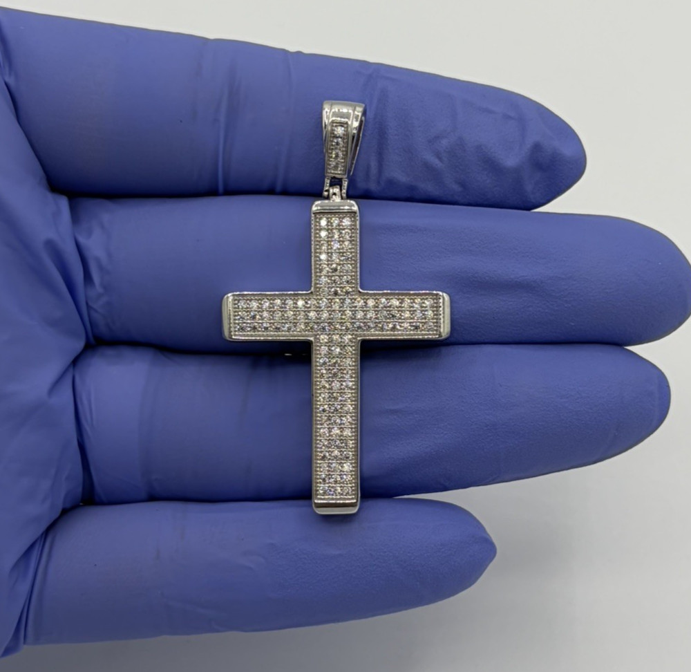 925 Sterling Silver Religious Cross Pendant Round CZ 1.95″ 9.42g