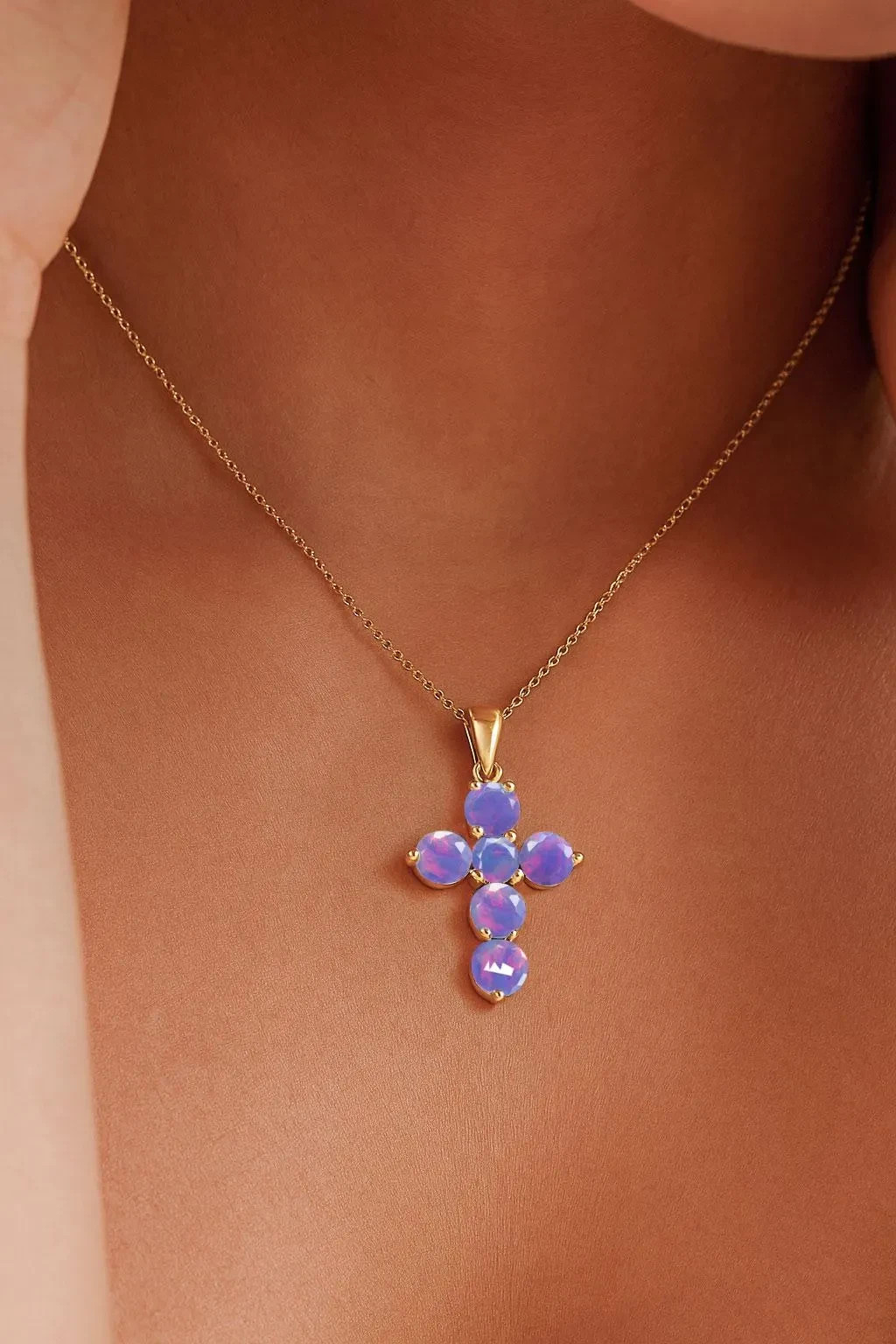 Natural Lavender Opal Gemstone Gold Cross Pendant, Ethiopian Opal Chain Pendant