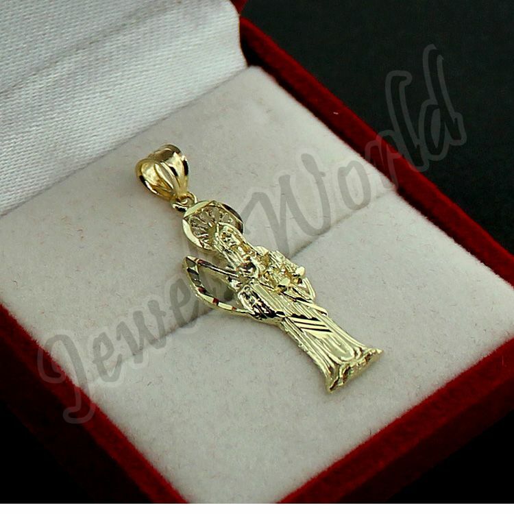 10K Yellow Gold Santa Muerte Grim Reaper Holy Death Pendant & 2.5mm Rope Chain