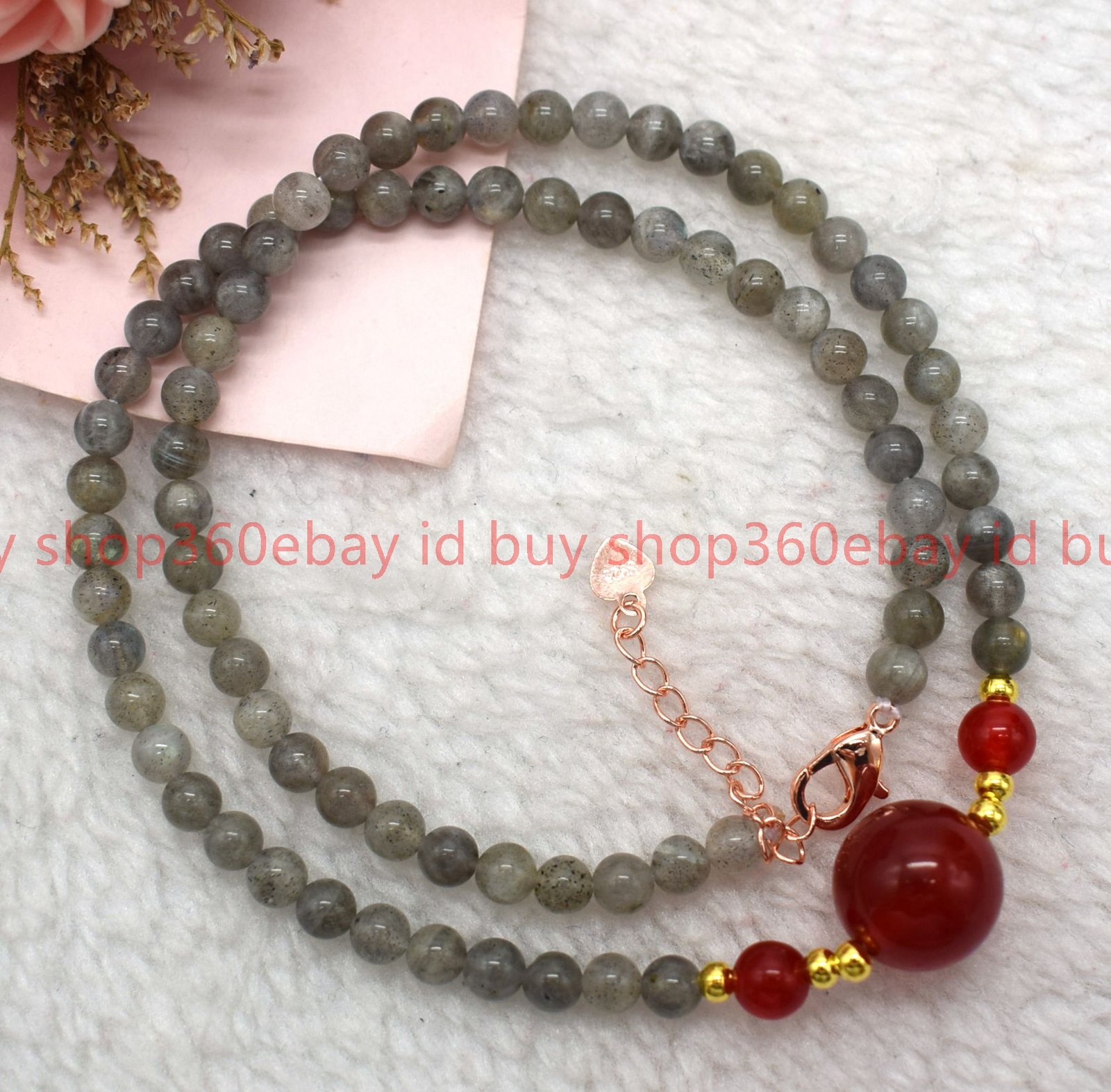 Natural 4mm Gray Labradorite Round Gemstone Beaded Red Agate Necklace 16-28in