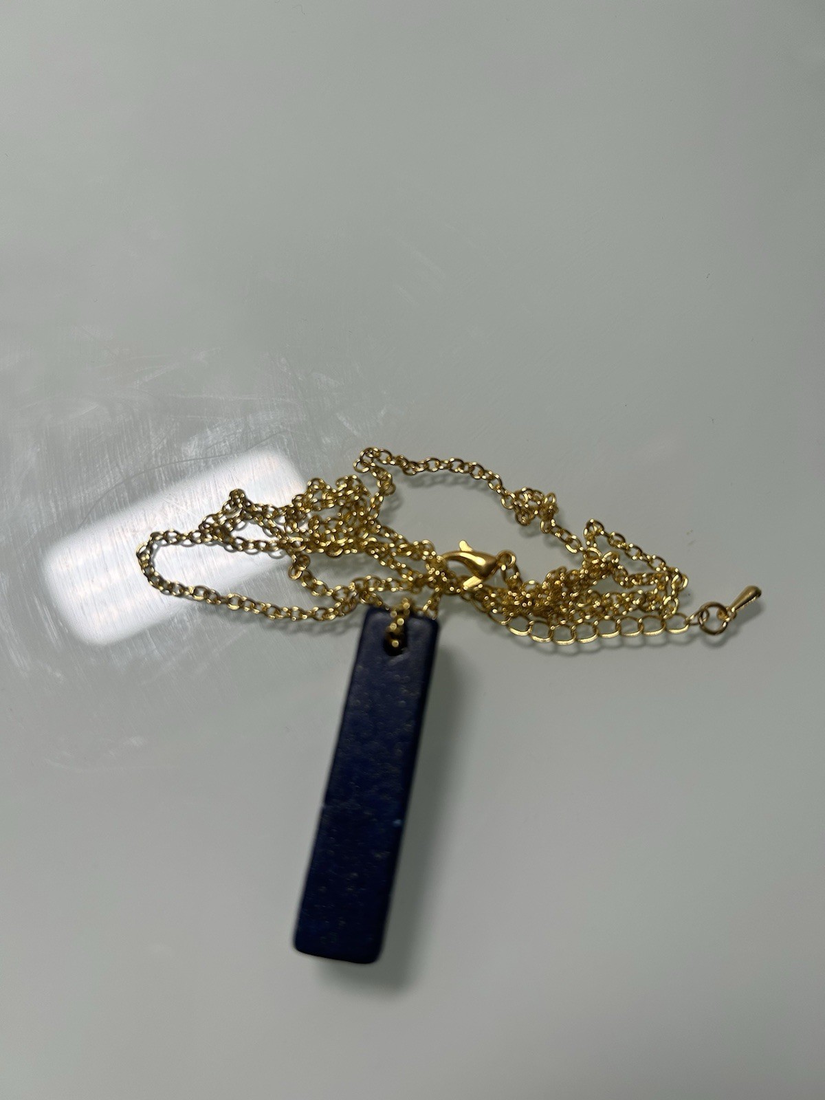 Lapis Lazuli Faceted Blue Gemstone Pendant Gold Chain Bar Necklace