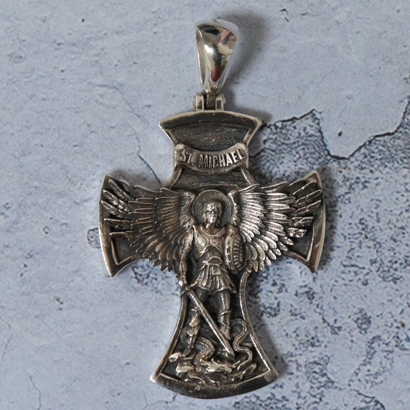21g Big Cross Saint Michael the Archangel with Prayer Pendant 925 Sterling Silve