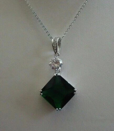 3Ct Cushion Cut Green Diamond Women’s Pendant 14K White GP Free Chain
