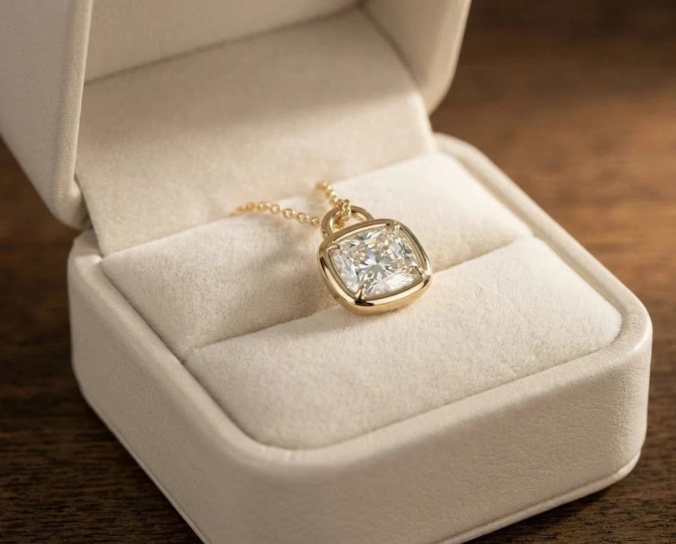 14K Yellow Gold Plated 2Ct Cushion Cut White Moissanite Women’s Beauty Pendant