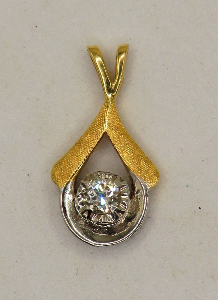 LOVELY 14K YELLOW & WHITE GOLD PENDANT ¾” LONG w 1 RBC DIAMOND*