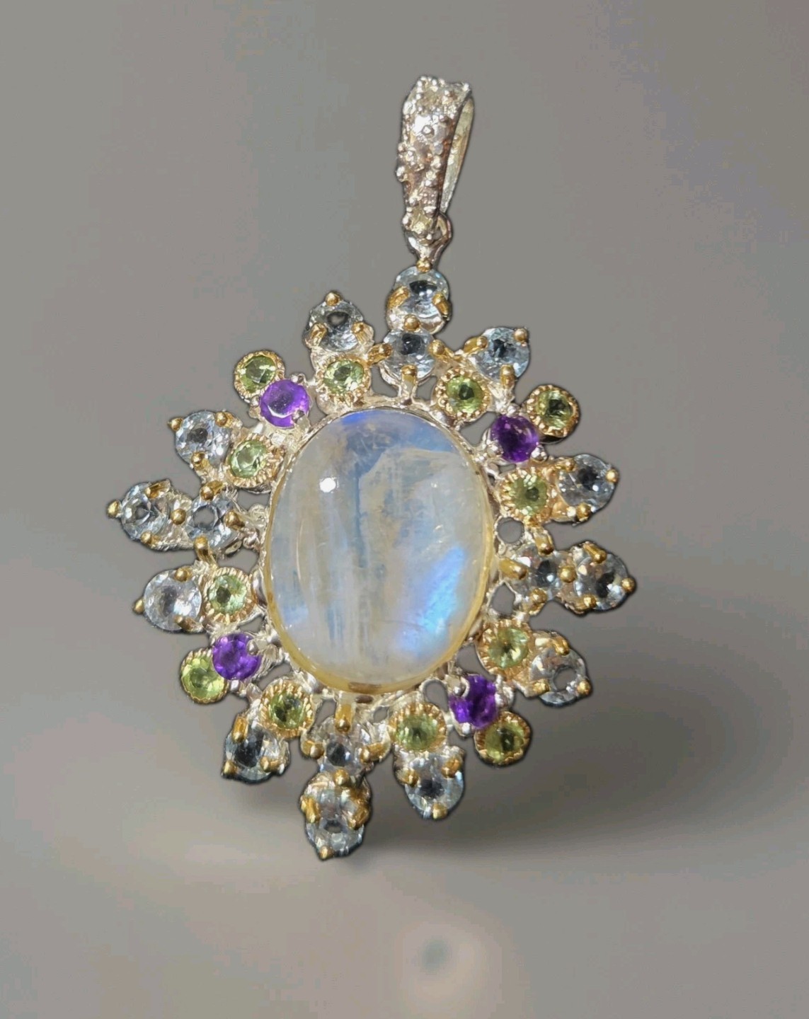 Unique Natural 10 ct Moonstone, Amethyst 925 Sterling Silver Pendant 2411