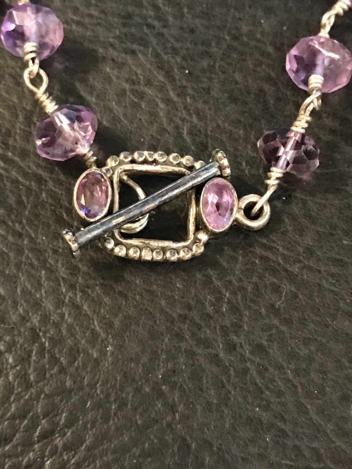Vintage Faceted Amethyst Flower 16″ Sterling Silver Toggle Necklace Unknown Mark