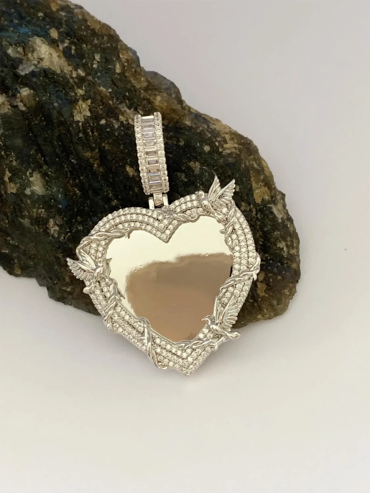 4ct Lab Created Diamond Custom Heart Memorial Photo Pendant 14k Gold Plated 2″