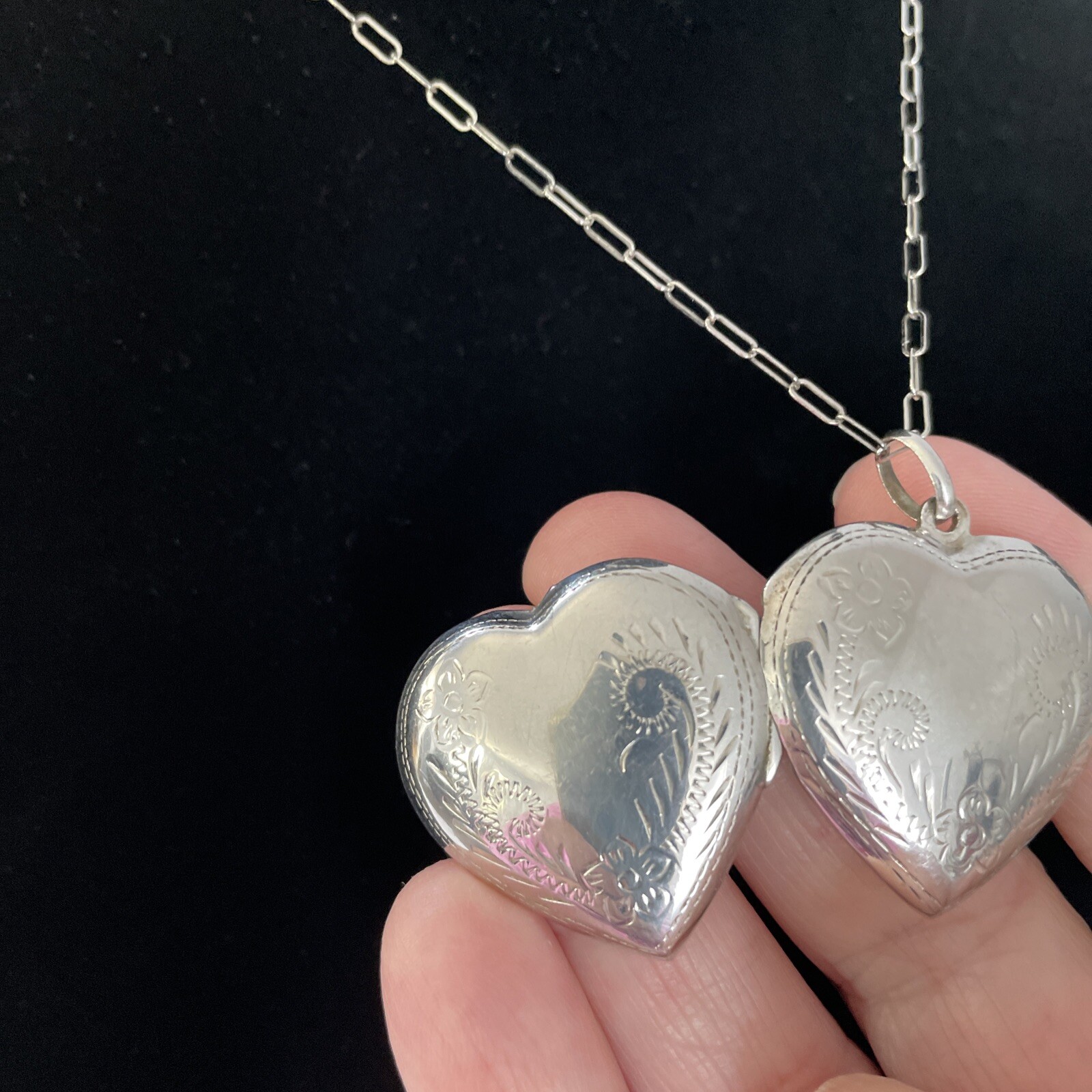 925 Sterling Silver Heart Locket And Chain Necklace Photo Pendant Etched 16”