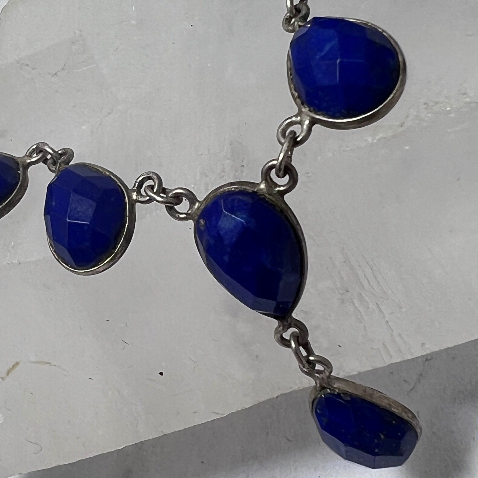 Sterling Silver Lapis Lazuli Faceted Teardrop Drop Necklace Blue Gemstone 925