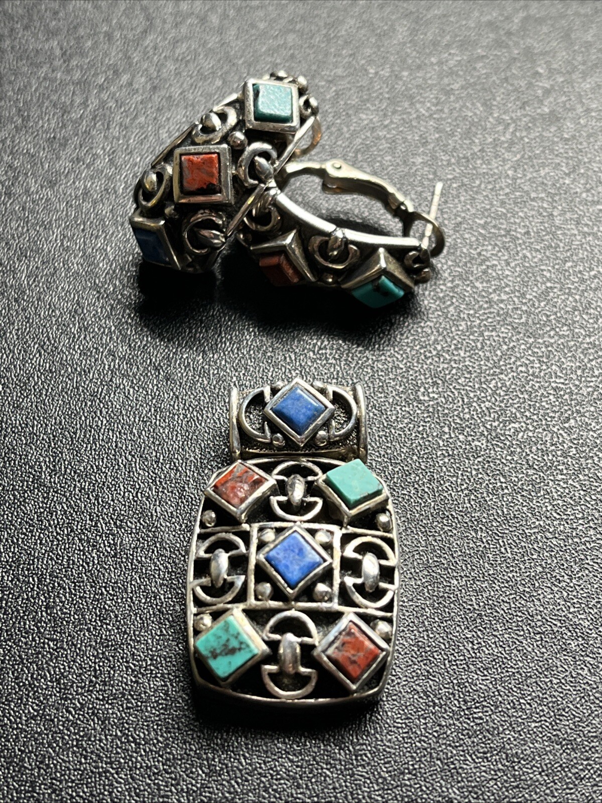 Thailand Sterling Silver Multi‑Stone Inlay Pendant Earrings Set Artisan Jewelry