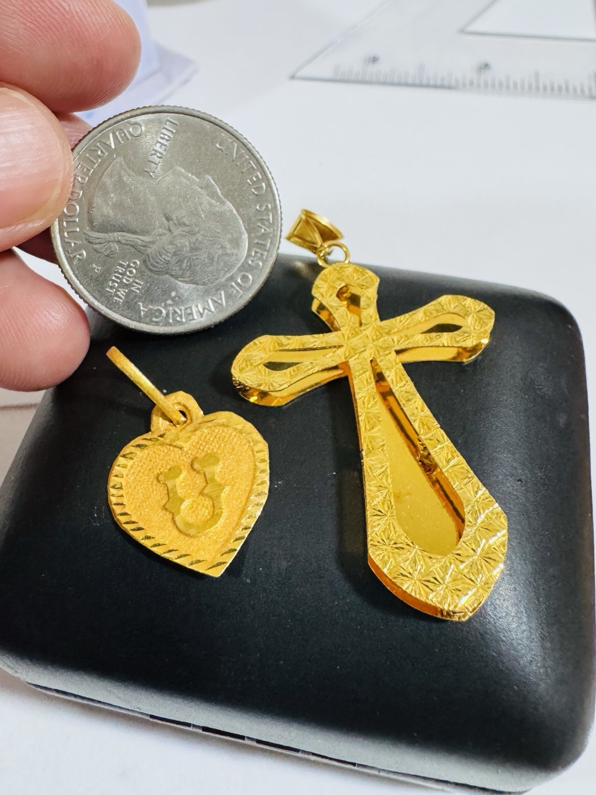 22K 916 Fine Real Gold Two Set U Heart & Cross Pendant 4.5g