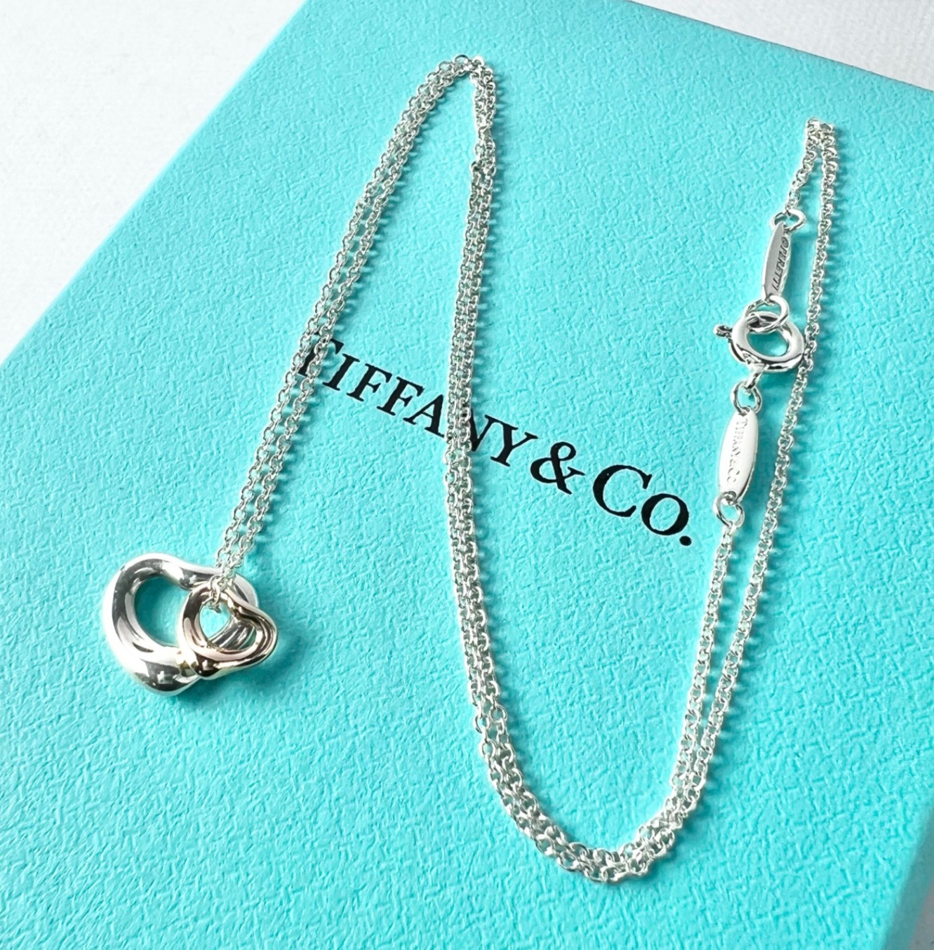 TIFFANY & Co Elsa Peretti Double Open Heart Silver Small Rose Gold Mini Necklace