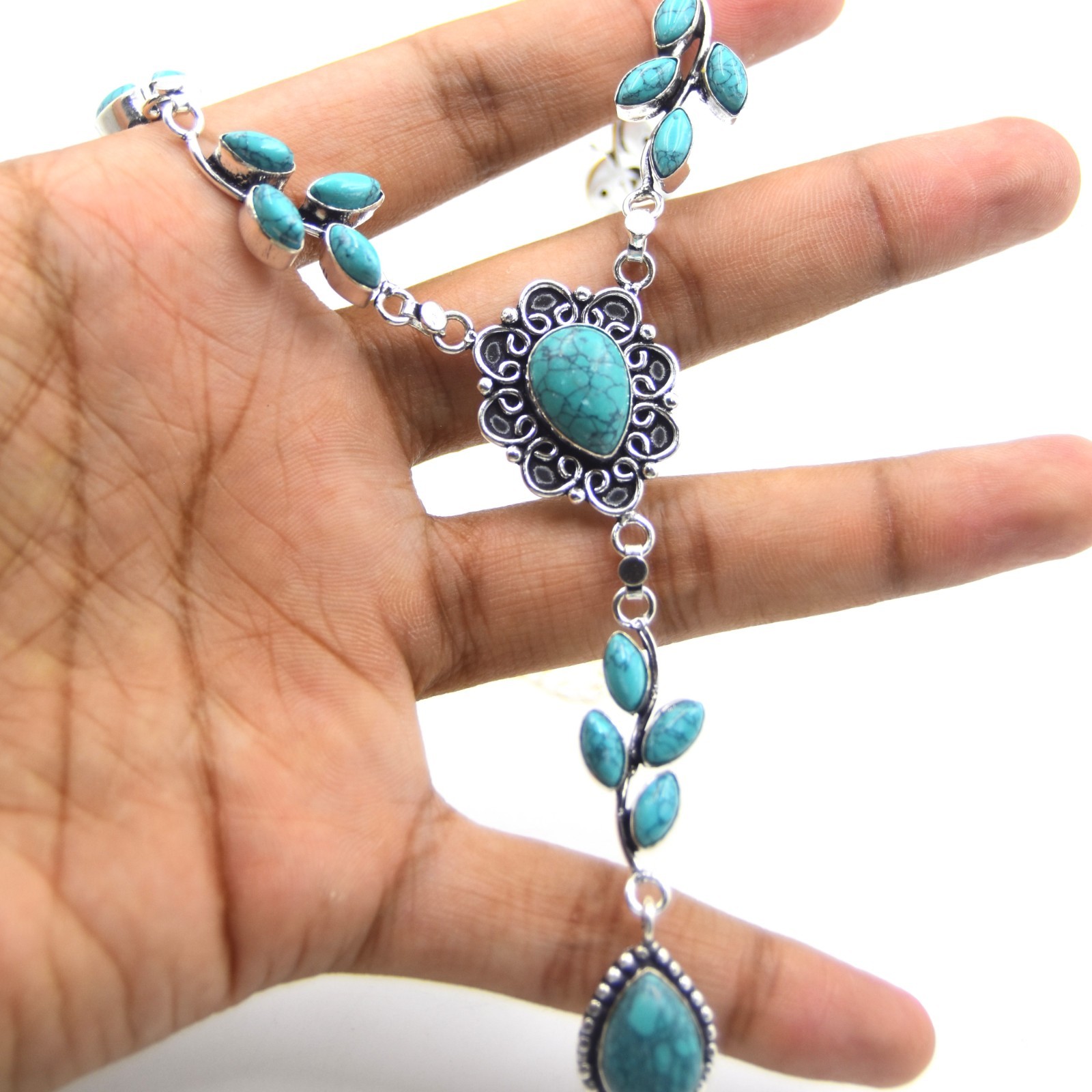 Blue Turquoise Gemstone Handmade 925 Sterling Silver Jewelry Necklace Sz-17-18″