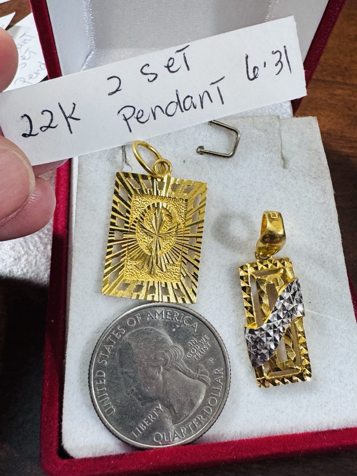 22K 916 22C Real Gold Two Set of Pendant 1 Rectangle & 1 Divine Allah 6.3g