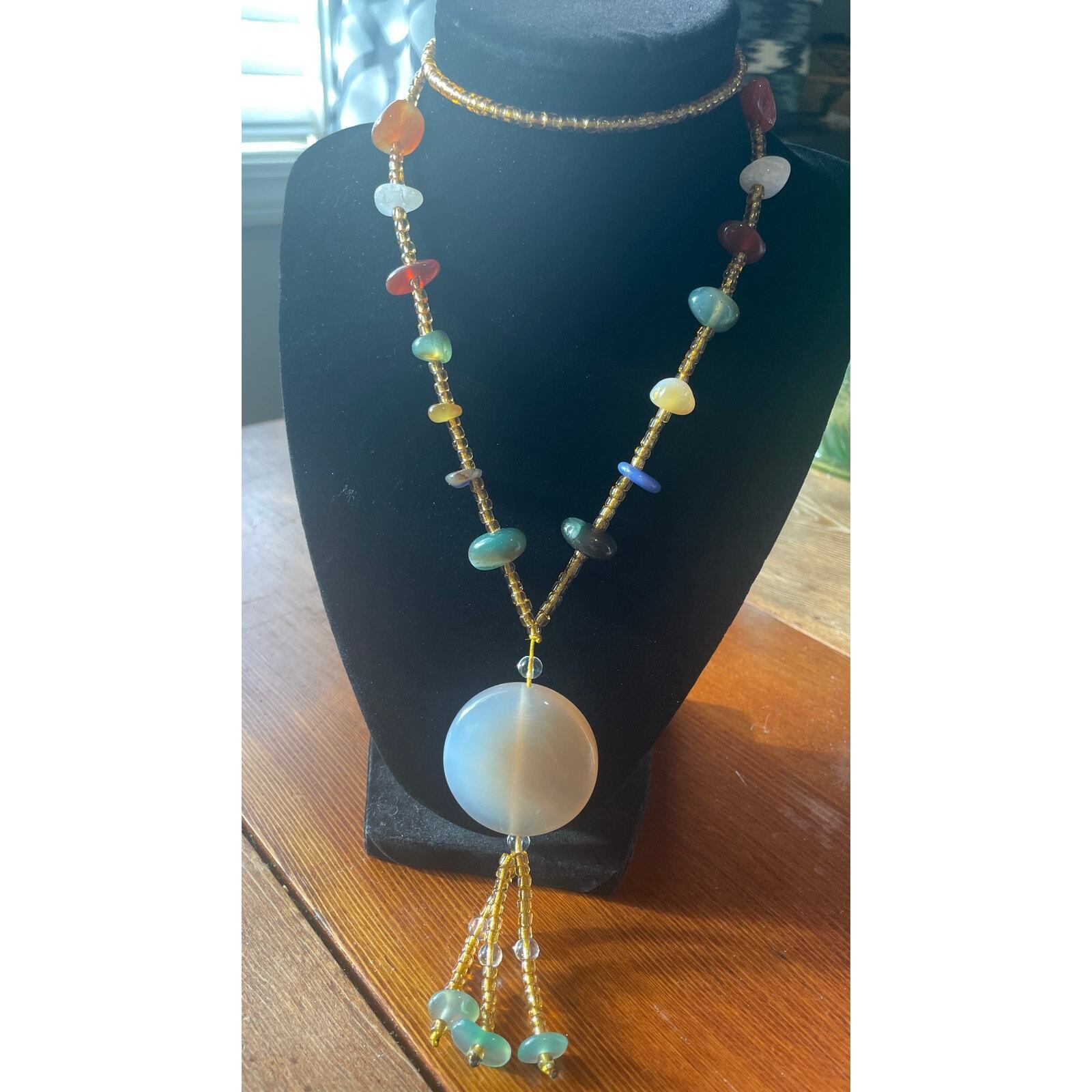 Opaque Agate Carnelian Quartz Glass Bead and Multi-stone Tassel Necklace, 26″