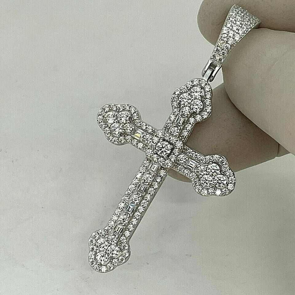 2.00Ct Lab Created Diamond Round Cross Men’s Charm Pendant 14K White Gold Plated