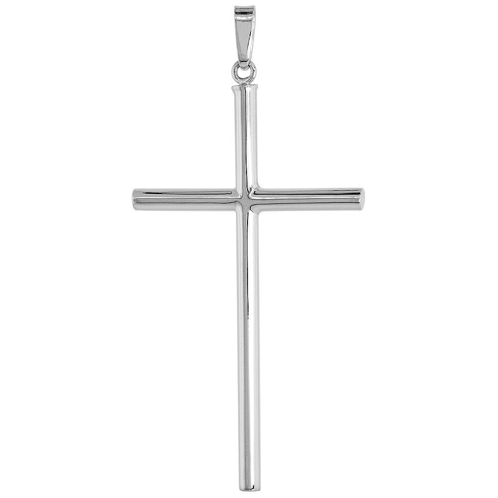 925 Sterling Silver Large Plain Tubular Cross Pendant 2 1/4 Inch Tall (56mm)
