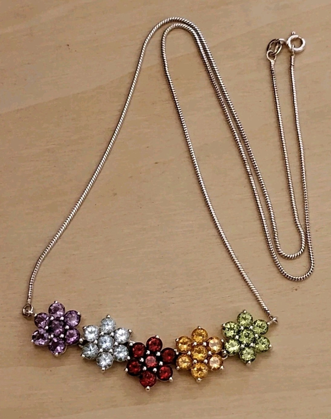 Thai Sterling Silver 925 Multi-Gem Floral Necklace Garnet Amethyst Topaz 20.5″