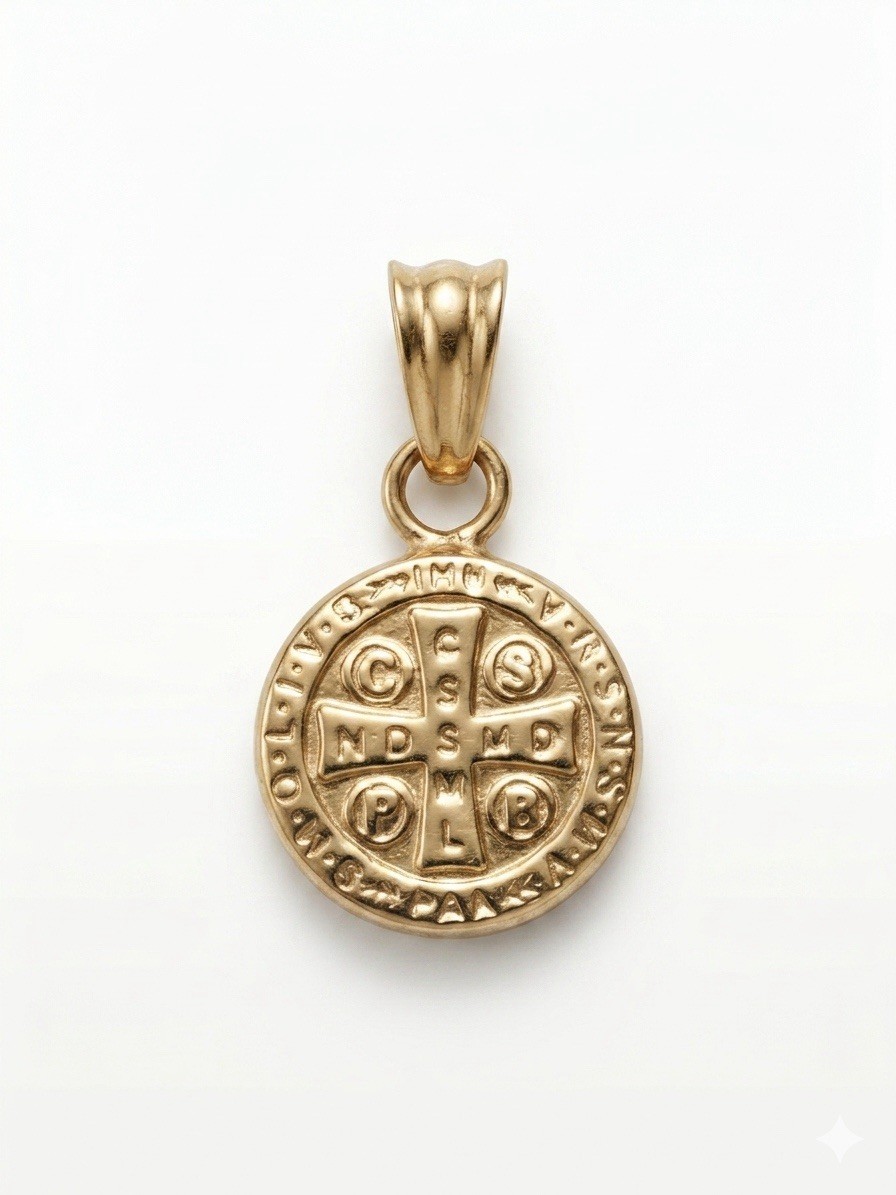 18K Solid Gold Small Saint Benedict Medal Pendant (9 mm) | Minimalist Religious
