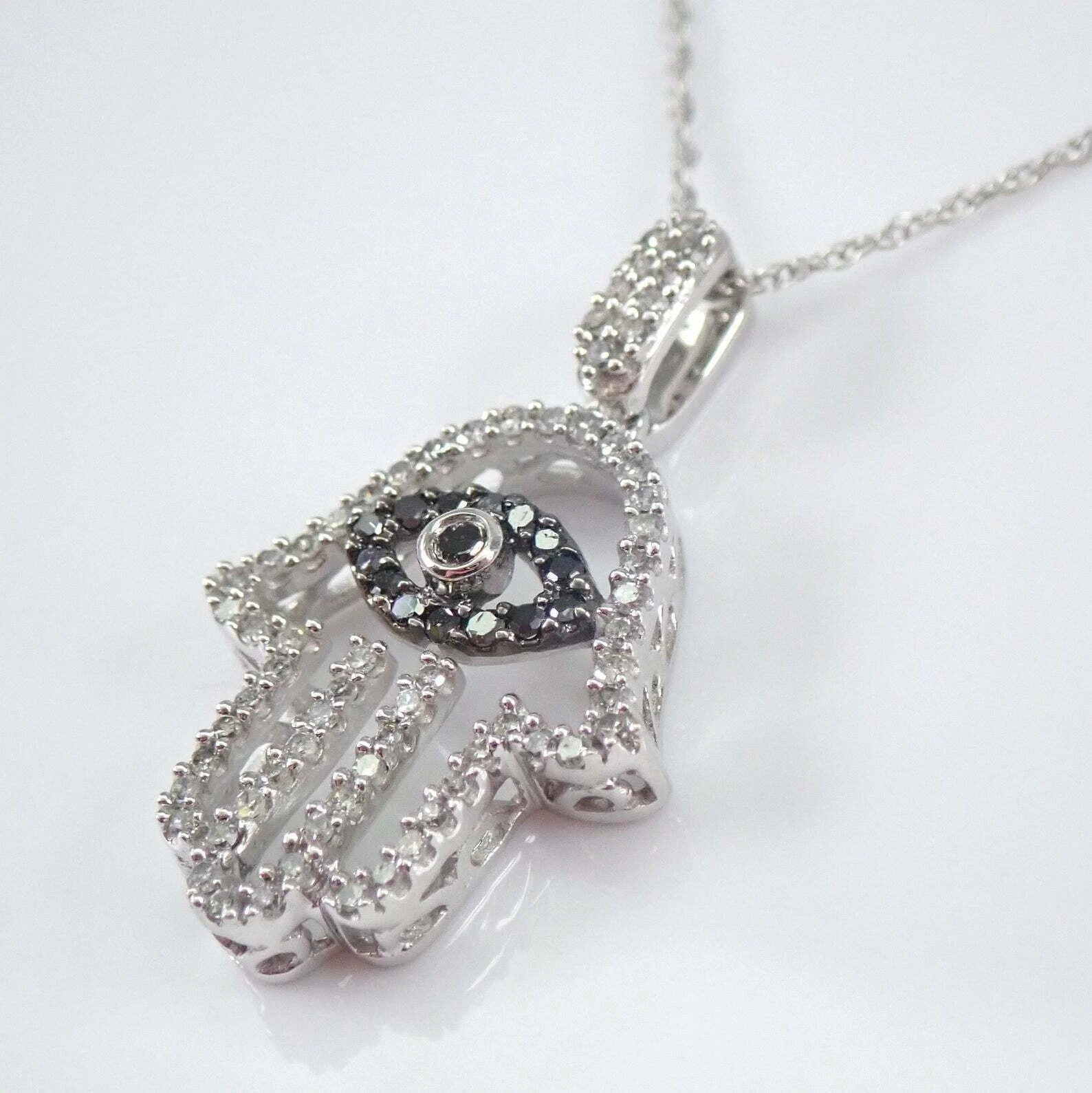 1.50Ct Round Cut Black Diamond Hamsa Pendant 14K White Gold Finish Free Chain