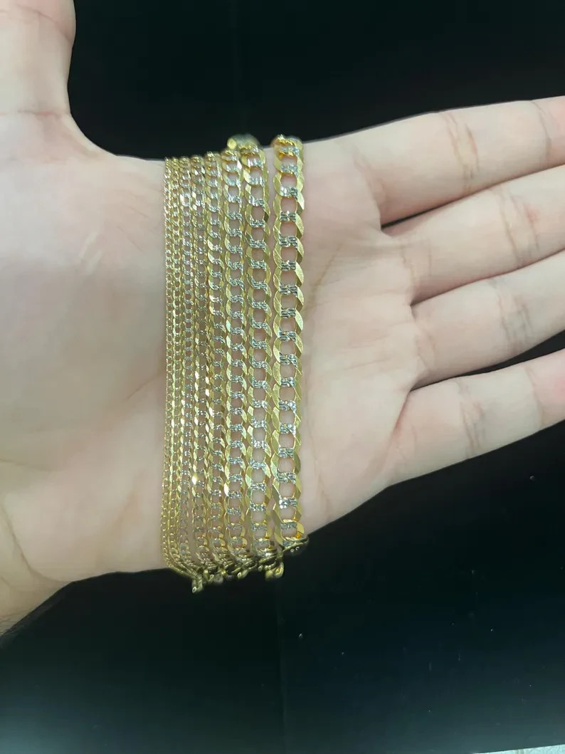 10K Yellow Gold Pave Cuban Curb Link Chain Necklace Real Gold Men Women 16-28in
